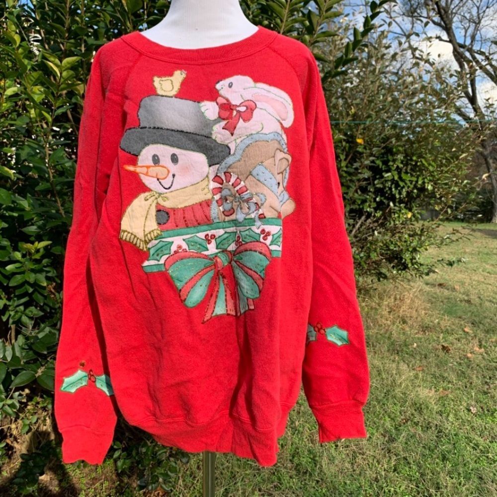 Vintage Hand Decorated Christmas Winter Holiday Sweatshirt Size XL Comfy